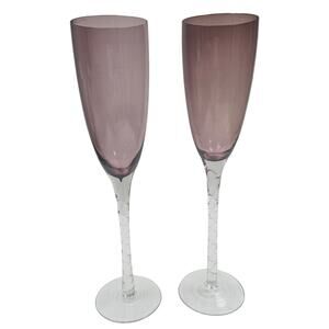 Two 2 Vintage 1990s Champagne Flutes Purple Amethyst Twisted Stem Glasses